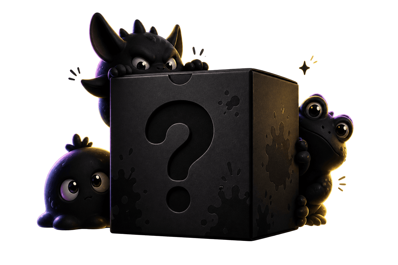 Three mysterious Mimi Mobs peeking from behind a sealed black blind box